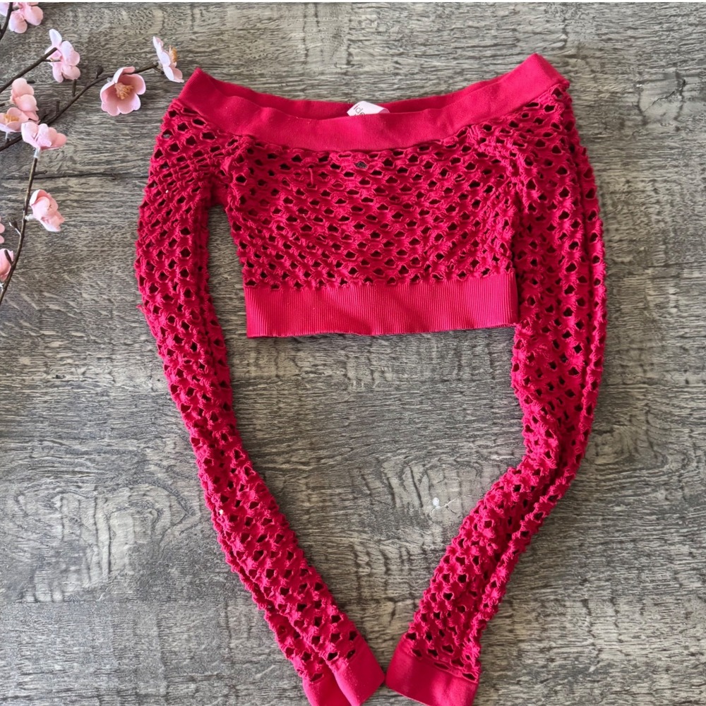 Y2K Vintage Fishnet Crop Top Red Long Sleeve Off Shoulder Rave Clubwear OS